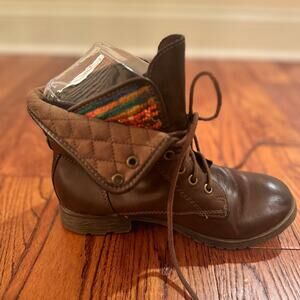 Rock And Candy Ankle Booties Womens 6.5 Spray Paint Boot Brown Faux Leather Lace